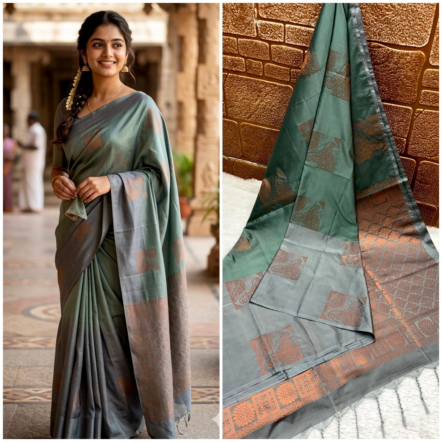 Deep Maroon and Ash Grey Semi-Kora Muslin Cotton Saree